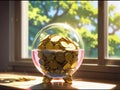 Golden Coins in Glass Sphere with Pink Base on Sunlit Windowsill [GenerativeAI] Royalty Free Stock Photo
